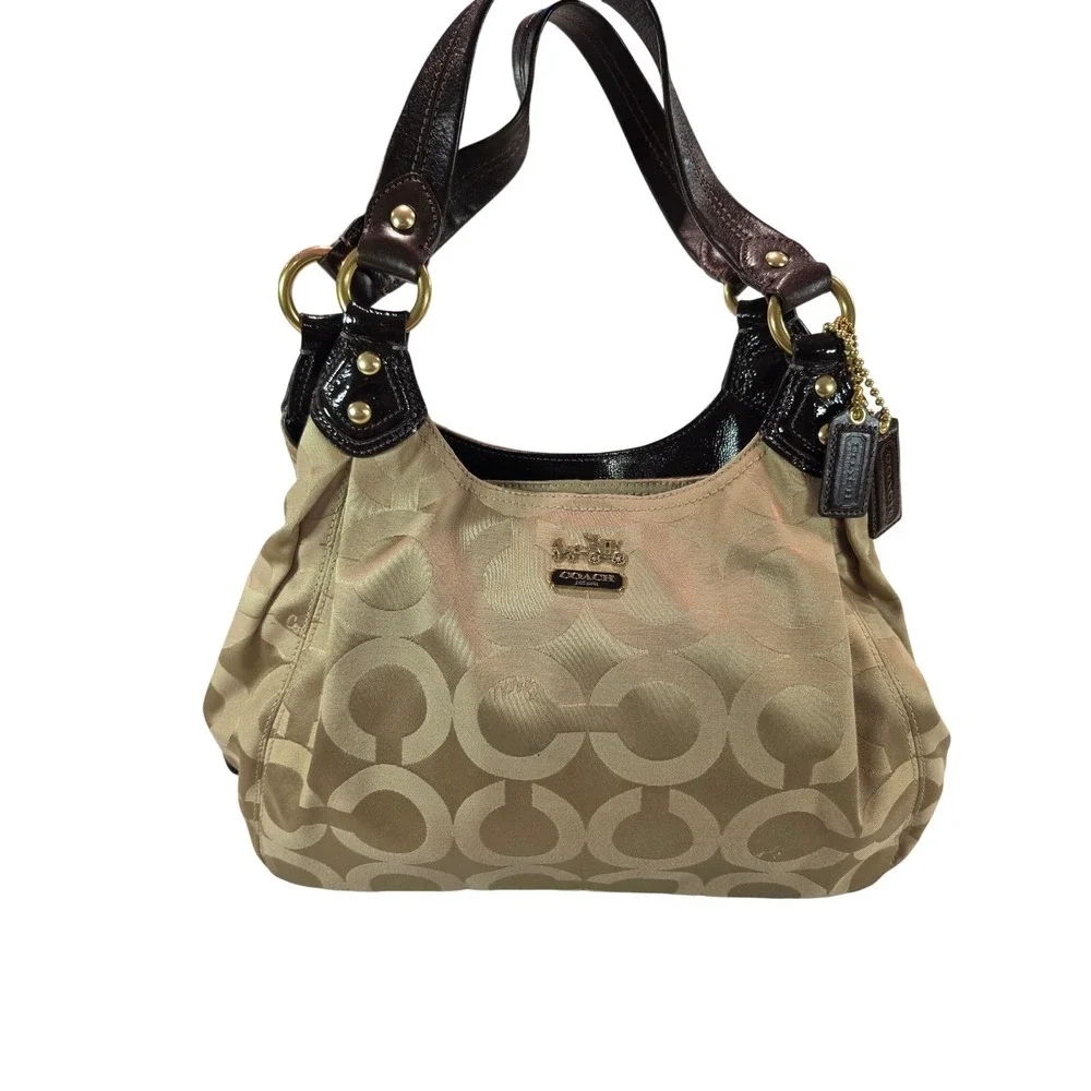 Coach Signature Jacquard Hobo Bag Khaki Brown Patent Leather 14305 Shoulder Bag
